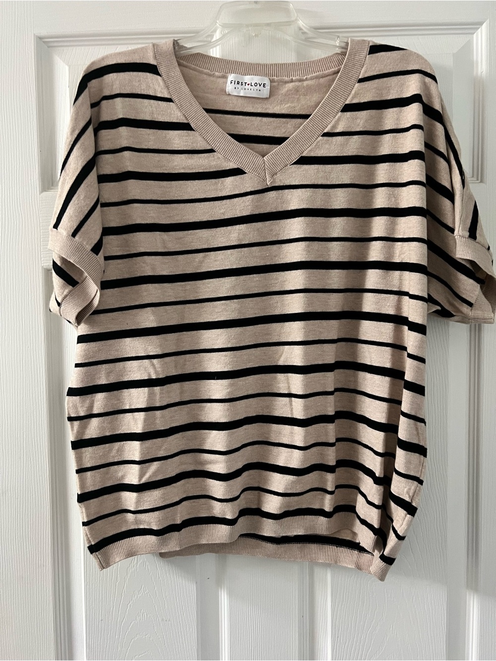 First Love Beige and Black Striped V-Neck Sweater
